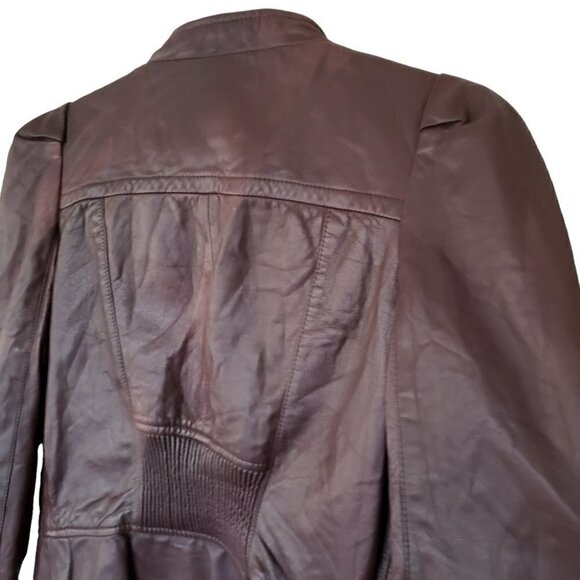 Eva Ouxiu Burgundy Lambskin Leather Crop Slim Fit Ruffled Moto Jacket - Picture 11 of 13